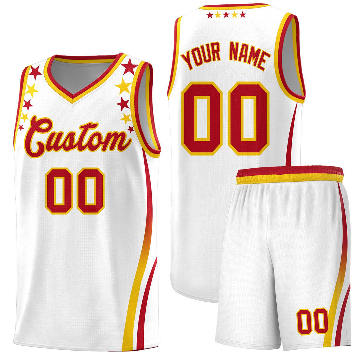Custom White Shoulders Star Pattern Side Color Block Sports Uniform Basketball Kits