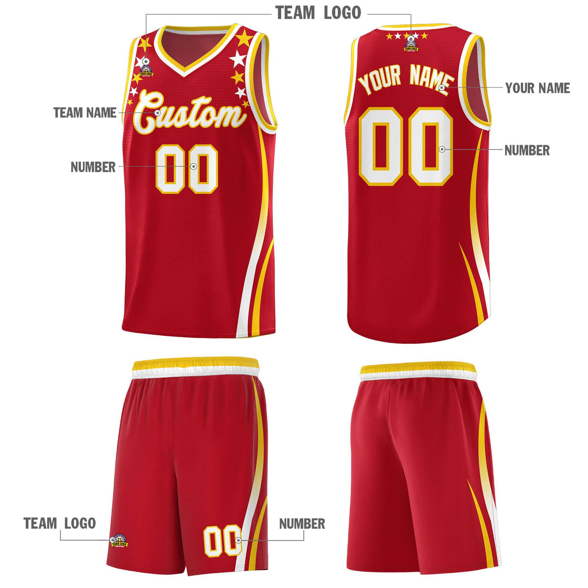 Custom Red Shoulders Star Pattern Side Color Block Sports Uniform Basketball Kits