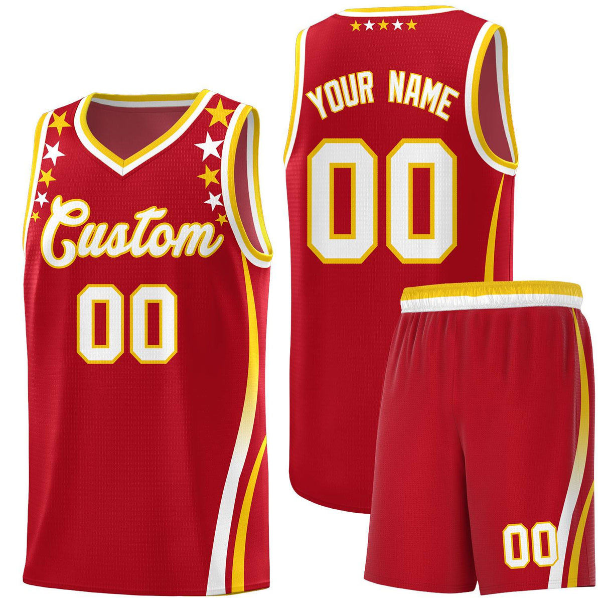 Custom Red Shoulders Star Pattern Side Color Block Sports Uniform Basketball Kits