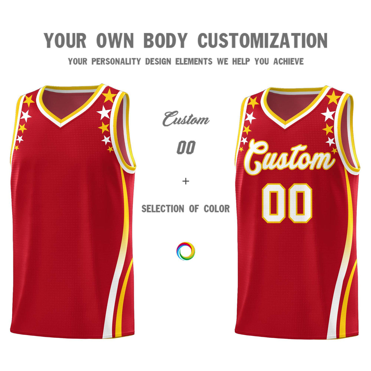 Custom Red Shoulders Star Pattern Side Color Block Sports Uniform Basketball Kits