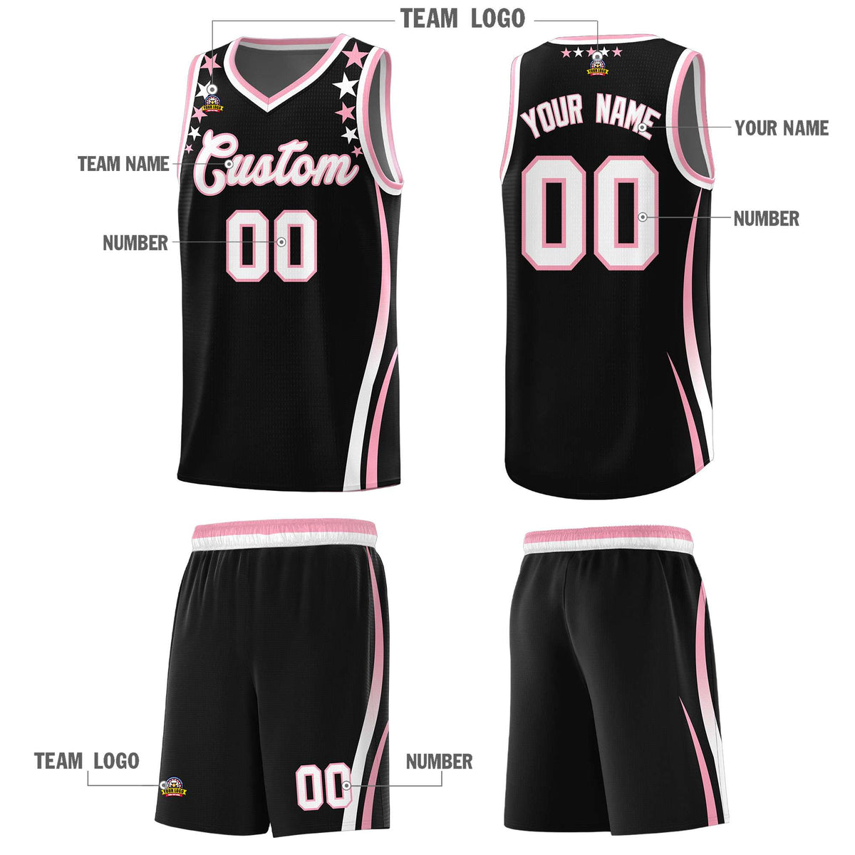 Custom Black Shoulders Star Pattern Side Color Block Sports Uniform Basketball Kits