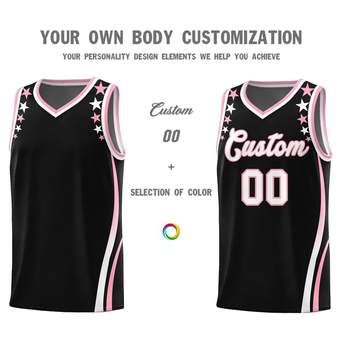 Custom Black Shoulders Star Pattern Side Color Block Sports Uniform Basketball Kits