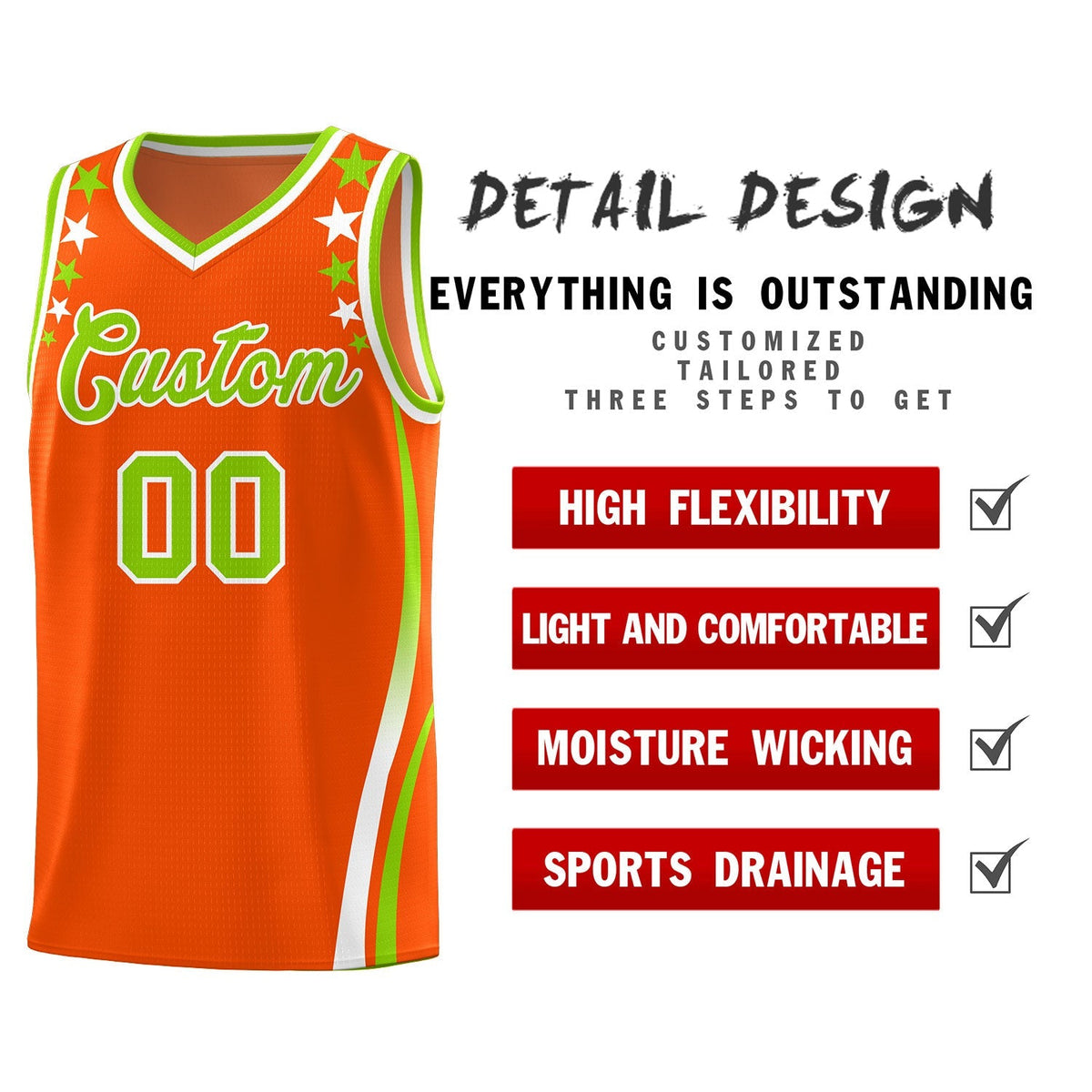 Custom Orange Shoulders Star Pattern Side Color Block Sports Uniform Basketball Kits