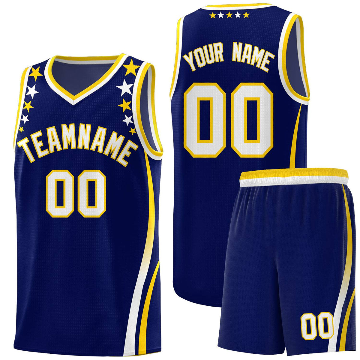 Custom Navy Shoulders Star Pattern Side Color Block Sports Uniform Basketball Kits