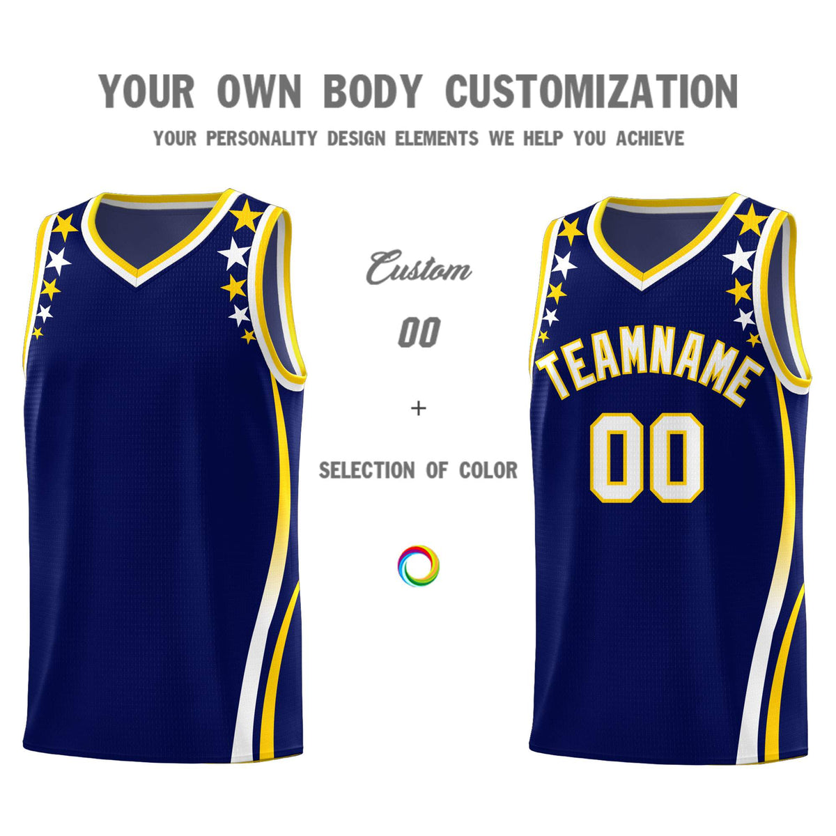 Custom Navy Shoulders Star Pattern Side Color Block Sports Uniform Basketball Kits