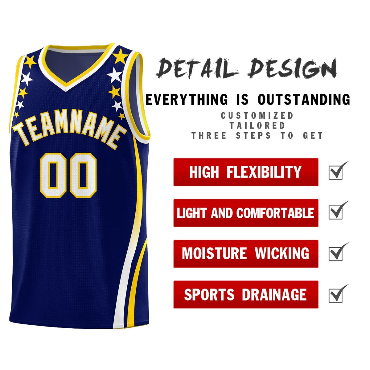 Custom Navy Shoulders Star Pattern Side Color Block Sports Uniform Basketball Kits