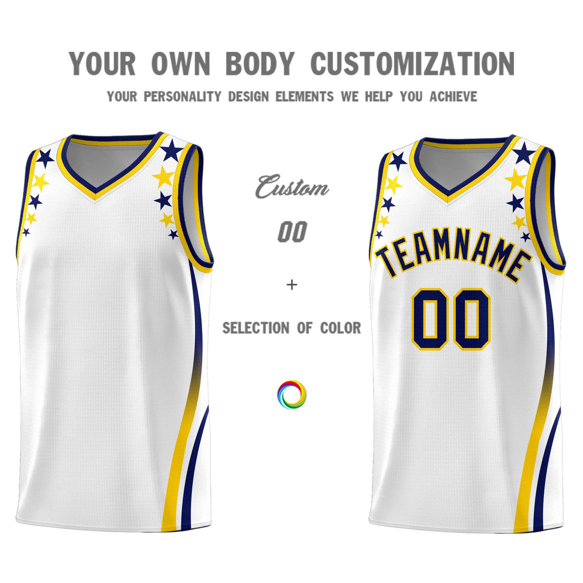 Custom White Shoulders Star Pattern Side Color Block Sports Uniform Basketball Kits