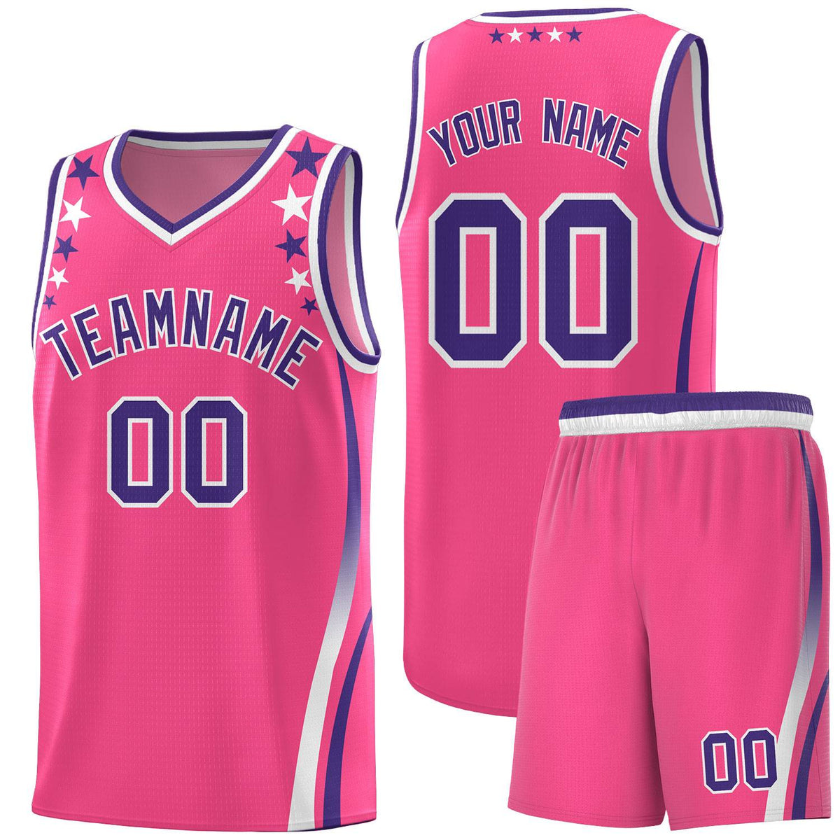 Custom Pink Shoulders Star Pattern Side Color Block Sports Uniform Basketball Kits