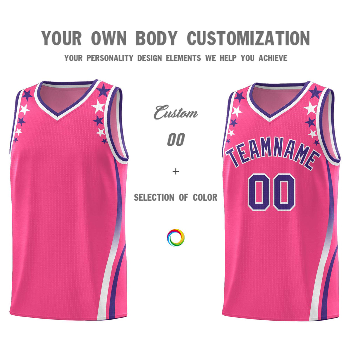 Custom Pink Shoulders Star Pattern Side Color Block Sports Uniform Basketball Kits