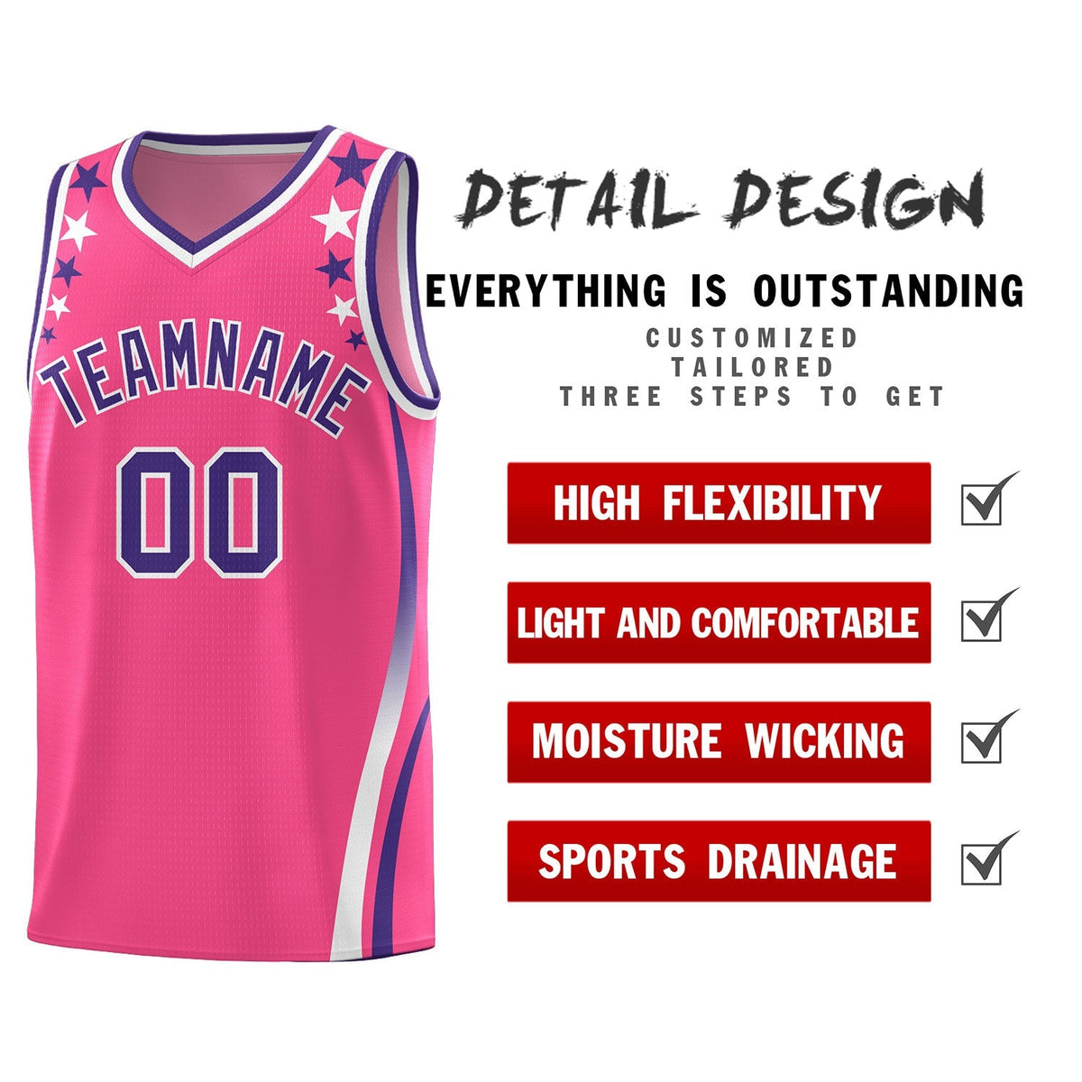 Custom Pink Shoulders Star Pattern Side Color Block Sports Uniform Basketball Kits