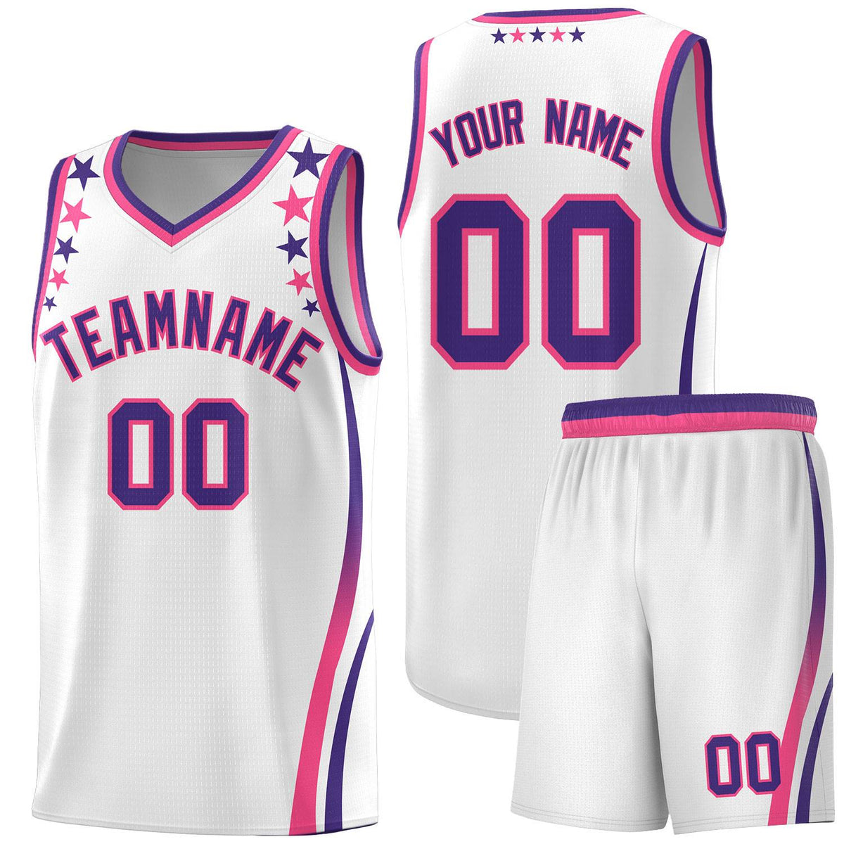 Custom White Shoulders Star Pattern Side Color Block Sports Uniform Basketball Kits