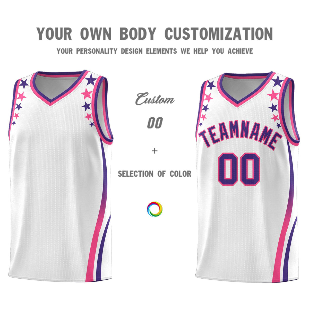 Custom White Shoulders Star Pattern Side Color Block Sports Uniform Basketball Kits