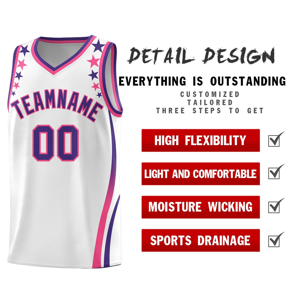Custom White Shoulders Star Pattern Side Color Block Sports Uniform Basketball Kits
