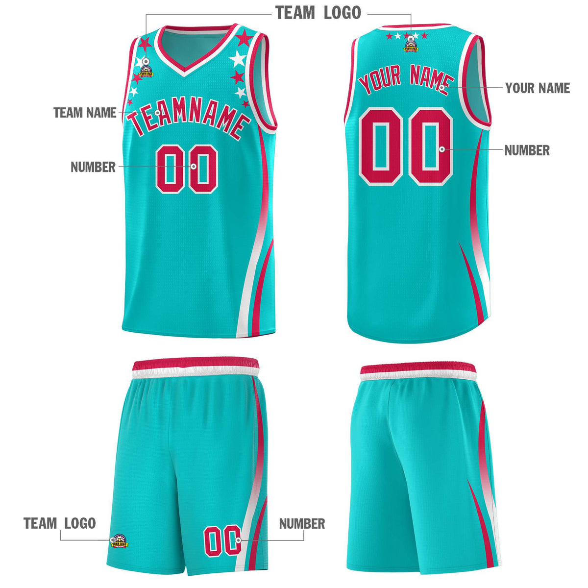 Custom Sky Blue Shoulders Star Pattern Side Color Block Sports Uniform Basketball Kits