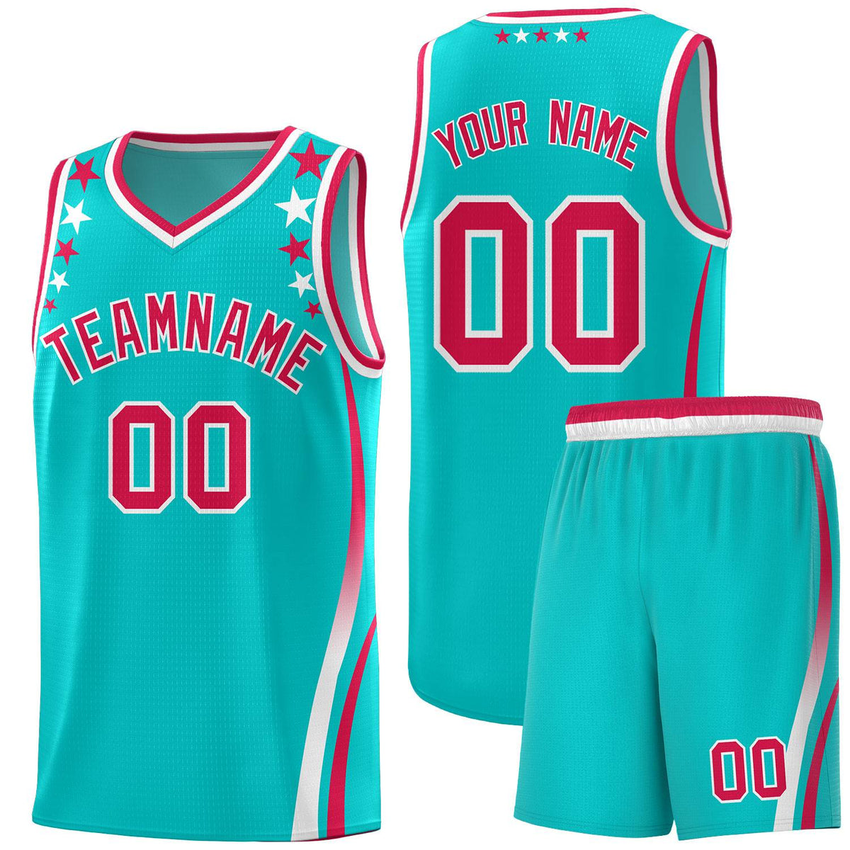 Custom Sky Blue Shoulders Star Pattern Side Color Block Sports Uniform Basketball Kits