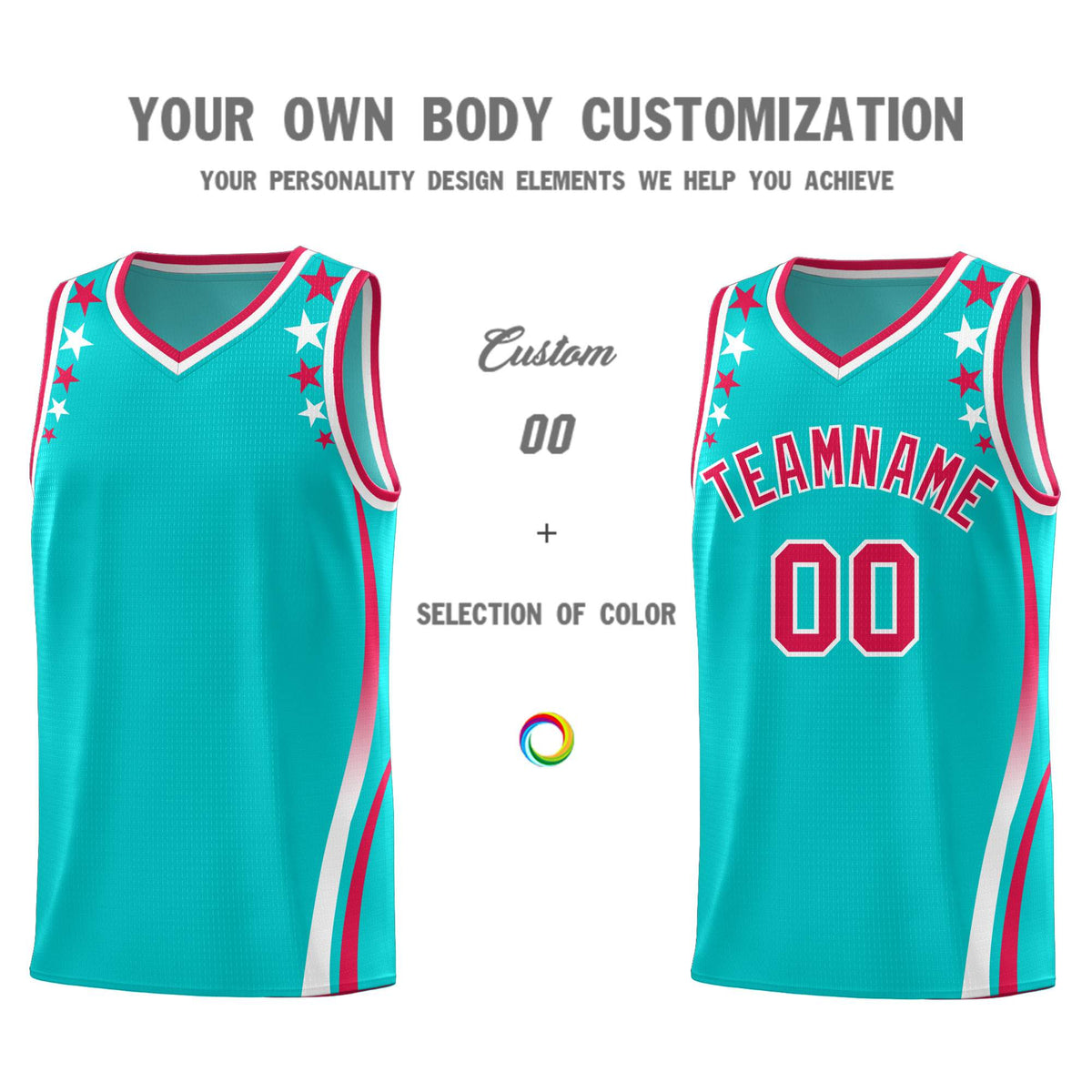 Custom Sky Blue Shoulders Star Pattern Side Color Block Sports Uniform Basketball Kits
