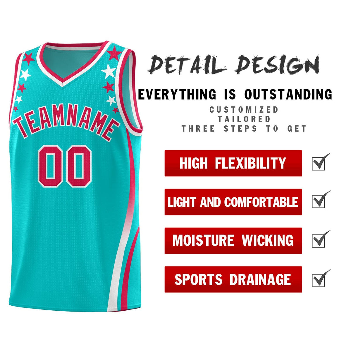 Custom Sky Blue Shoulders Star Pattern Side Color Block Sports Uniform Basketball Kits