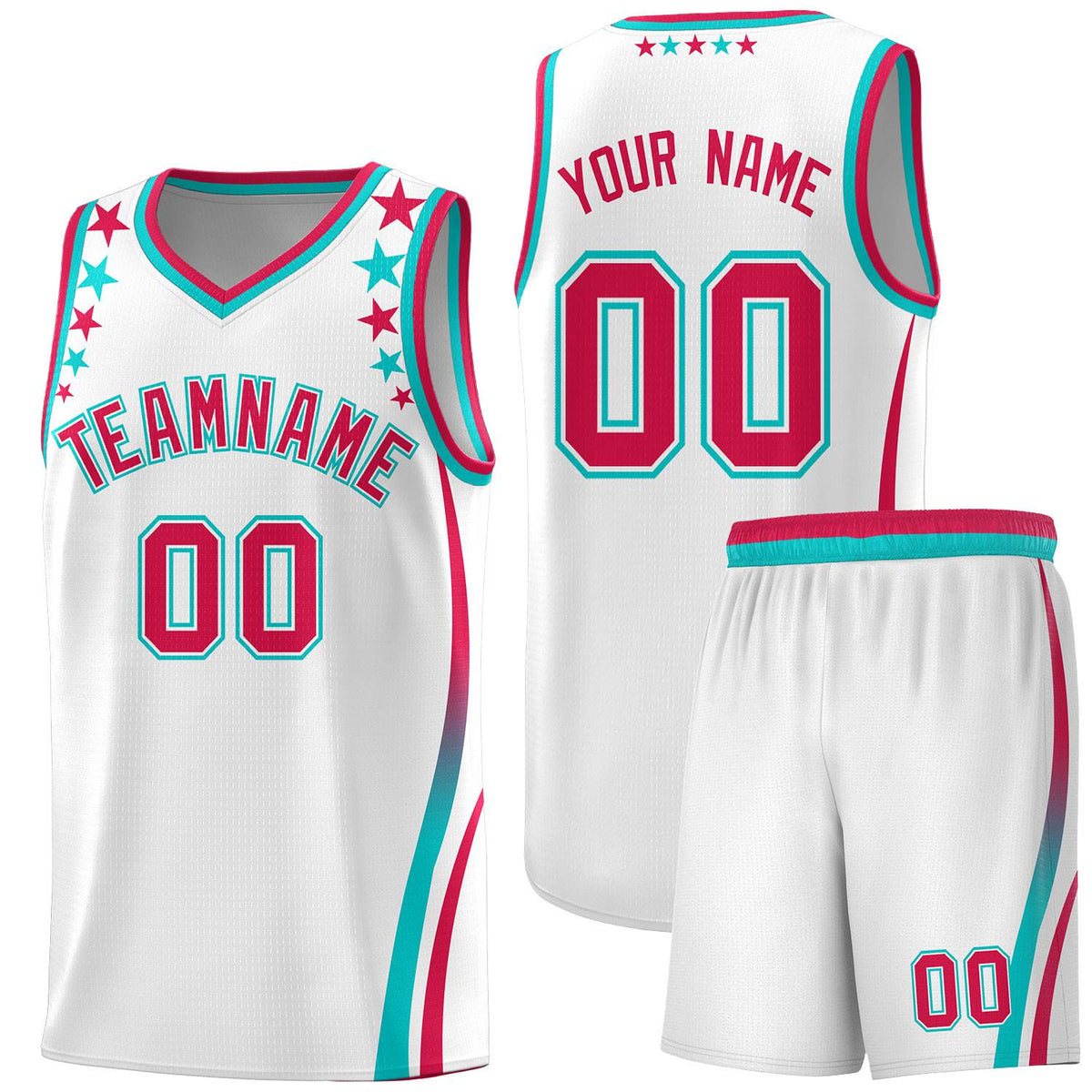 Custom White Shoulders Star Pattern Side Color Block Sports Uniform Basketball Kits
