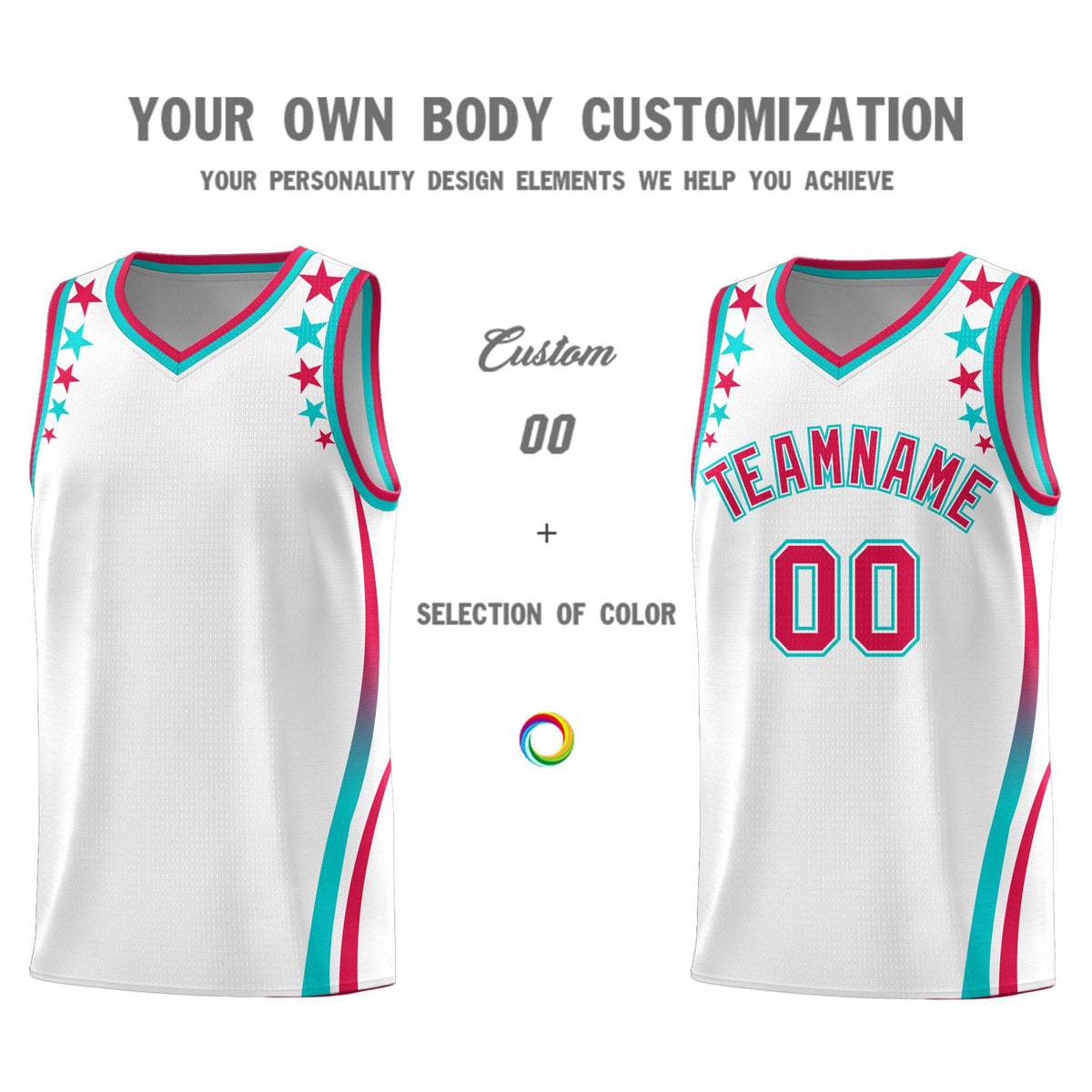 Custom White Shoulders Star Pattern Side Color Block Sports Uniform Basketball Kits
