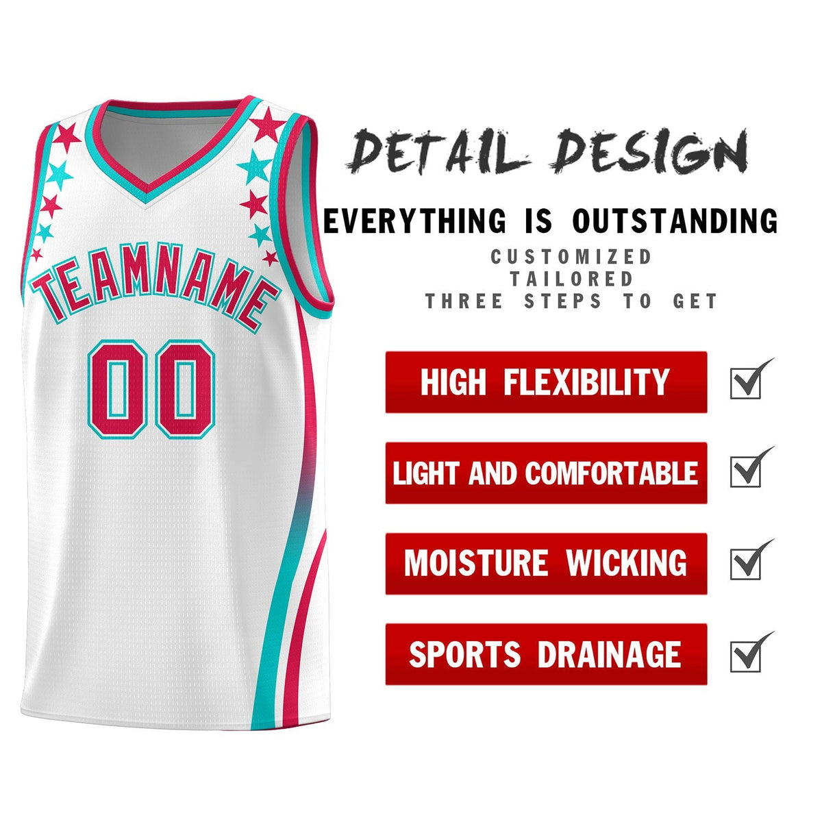 Custom White Shoulders Star Pattern Side Color Block Sports Uniform Basketball Kits