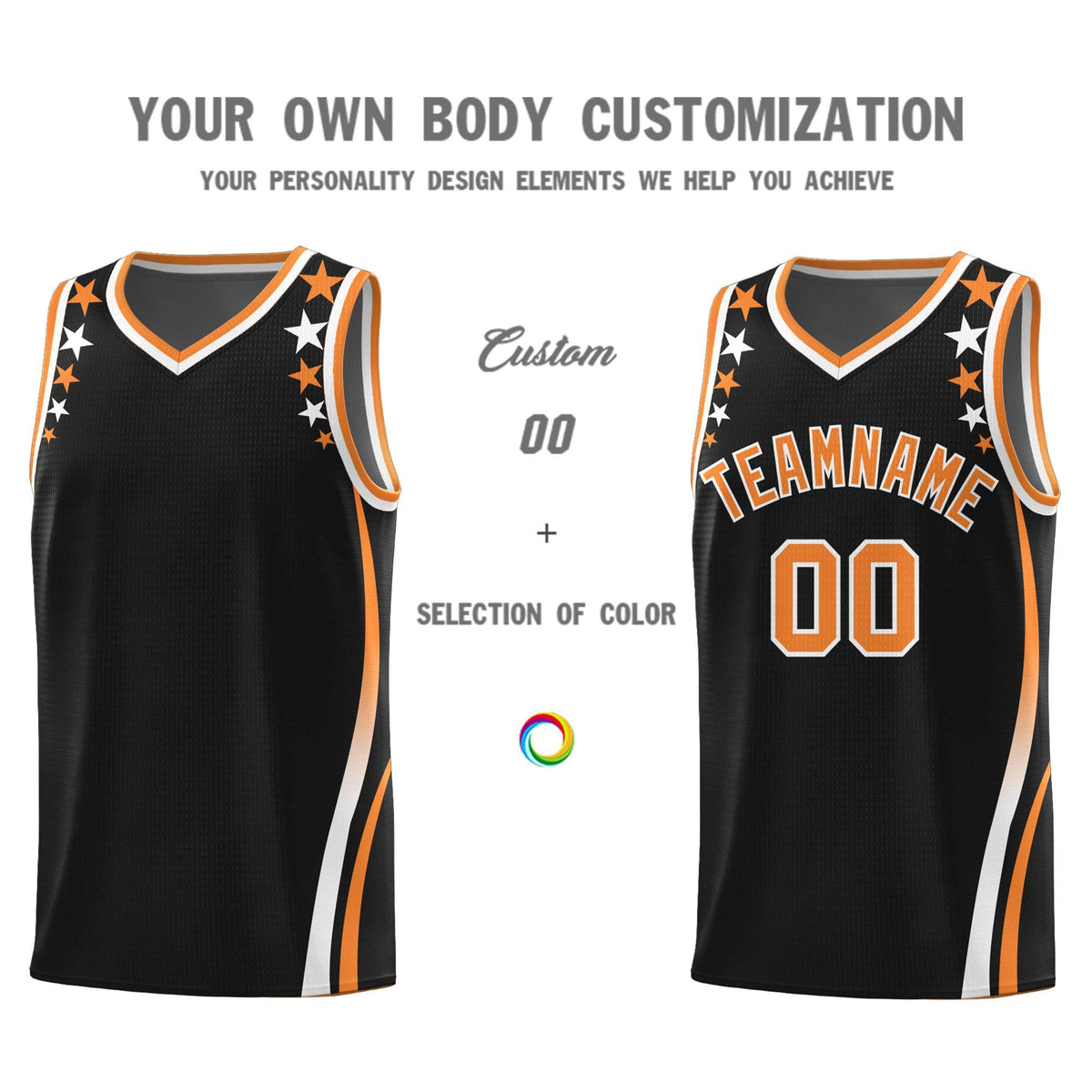 Custom Black Shoulders Star Pattern Side Color Block Sports Uniform Basketball Kits