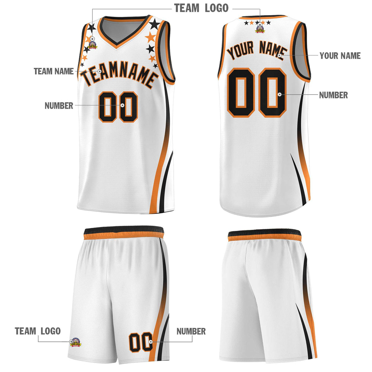 Custom White Shoulders Star Pattern Side Color Block Sports Uniform Basketball Kits