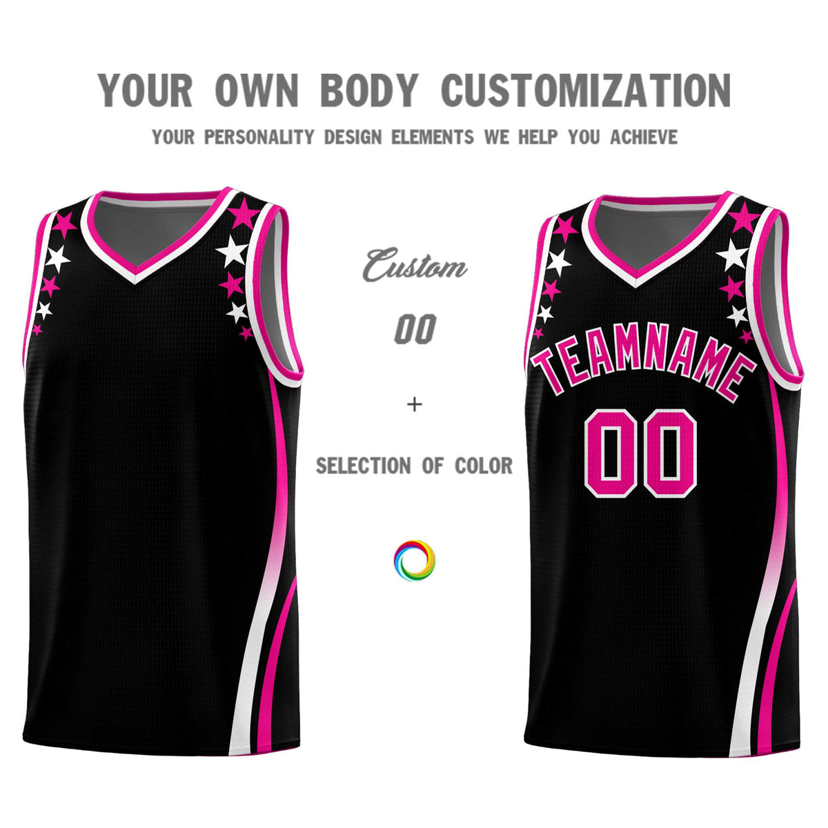 Custom Black Shoulders Star Pattern Side Color Block Sports Uniform Basketball Kits