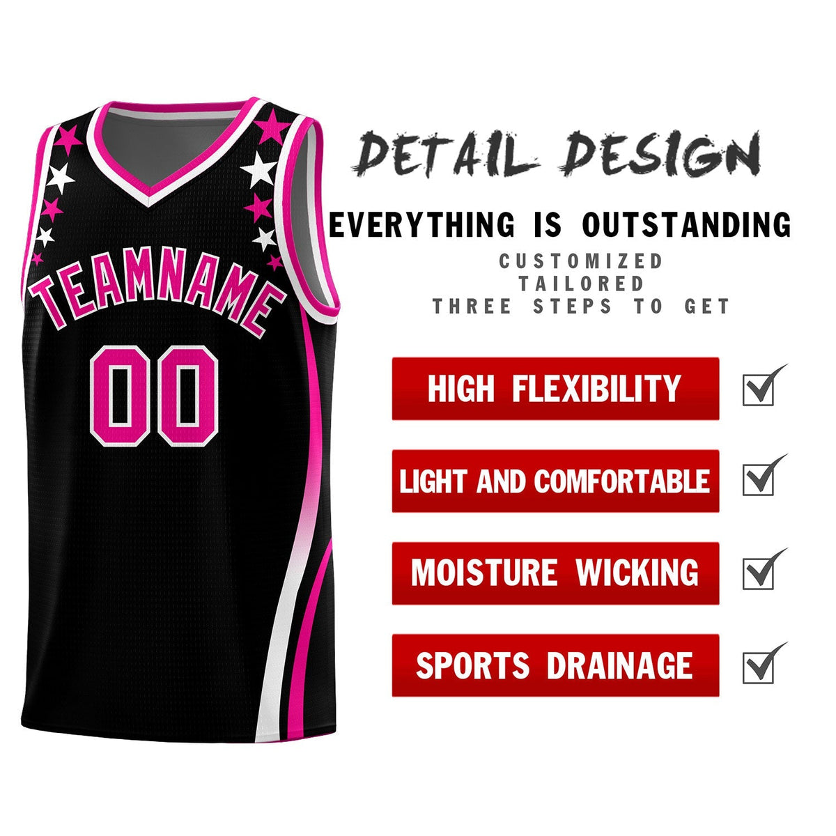 Custom Black Shoulders Star Pattern Side Color Block Sports Uniform Basketball Kits