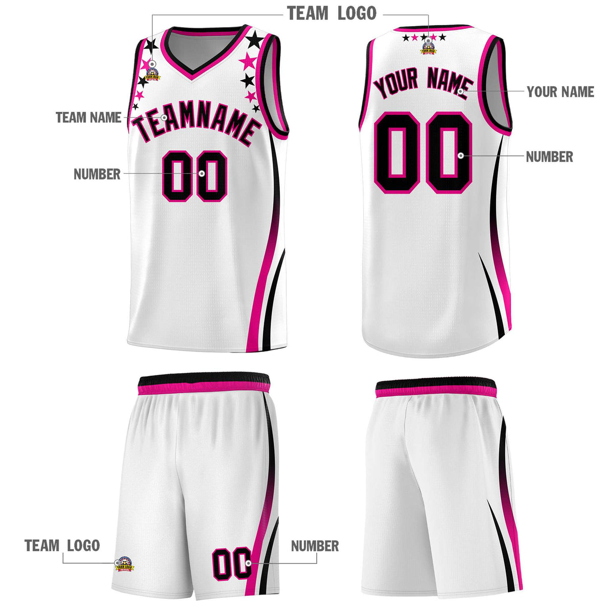 Custom White Shoulders Star Pattern Side Color Block Sports Uniform Basketball Kits