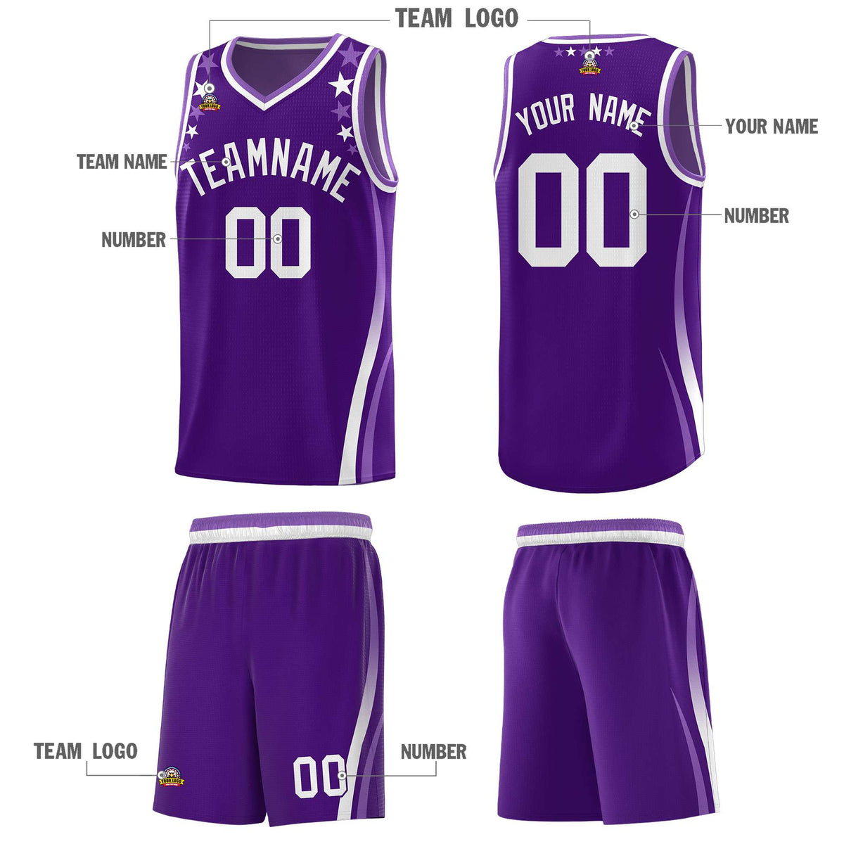 Custom Purple Shoulders Star Pattern Side Color Block Sports Uniform Basketball Kits