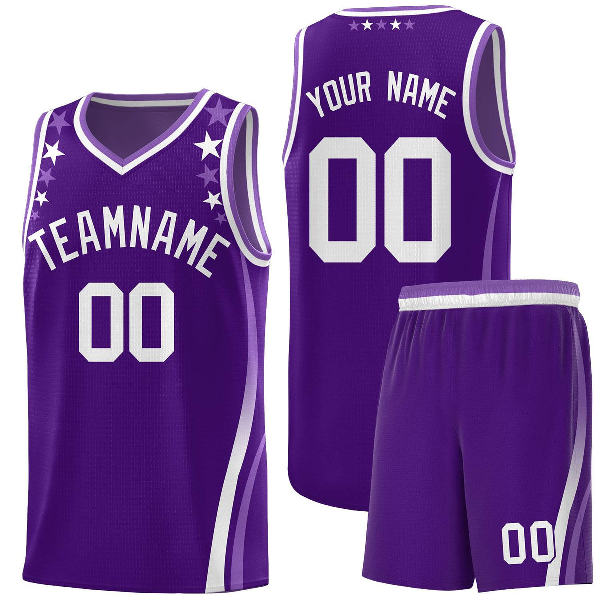 Custom Purple Shoulders Star Pattern Side Color Block Sports Uniform Basketball Kits
