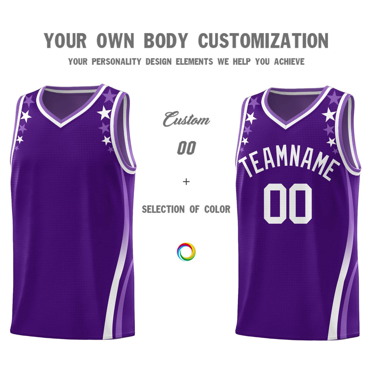 Custom Purple Shoulders Star Pattern Side Color Block Sports Uniform Basketball Kits