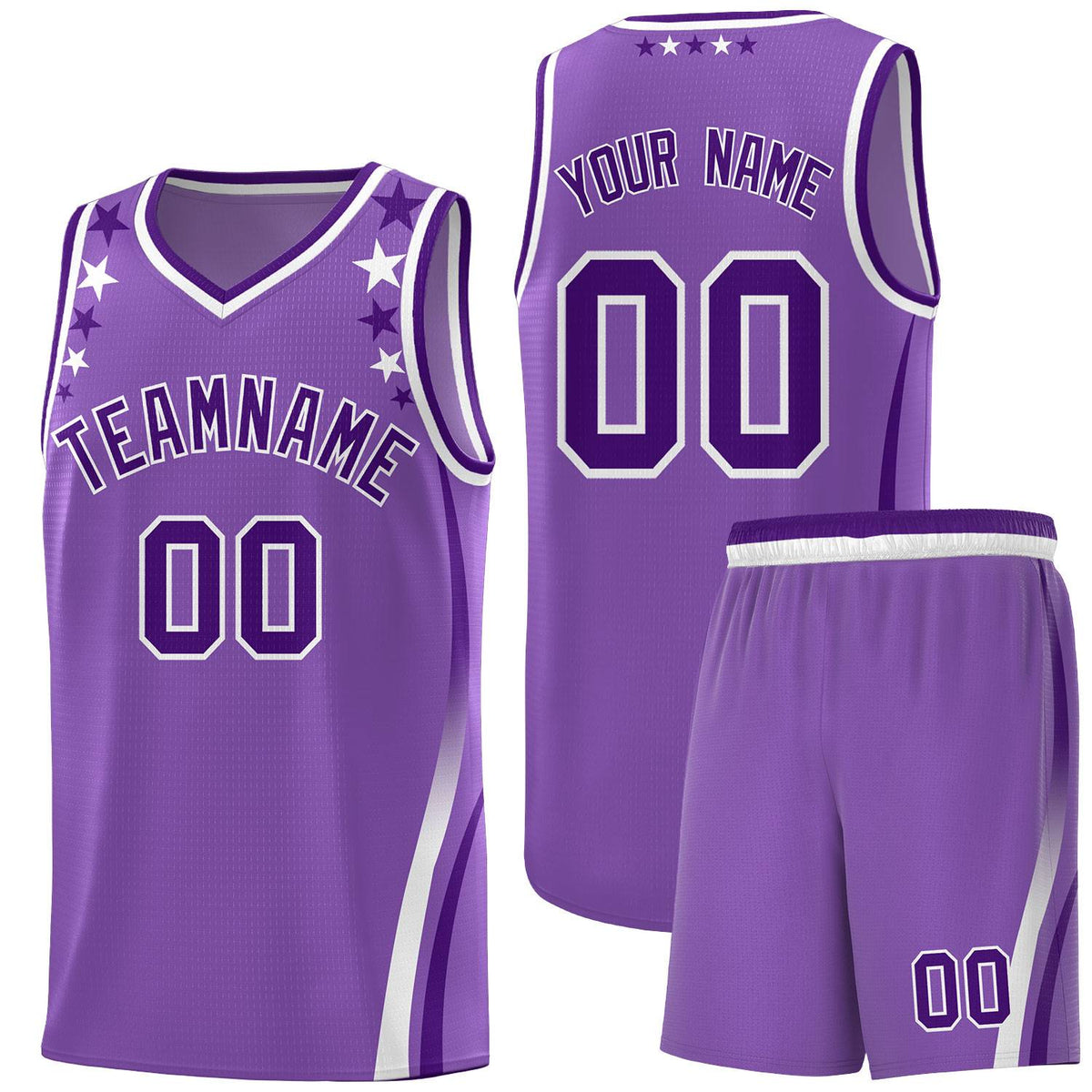 Custom Light Purple Shoulders Star Pattern Side Color Block Sports Uniform Basketball Kits