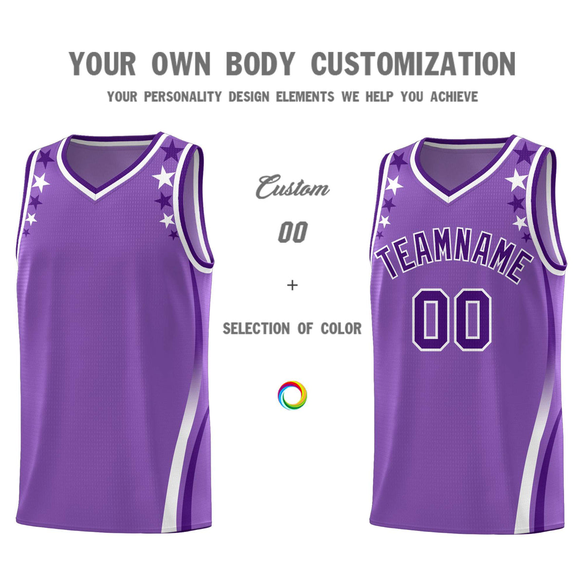 Custom Light Purple Shoulders Star Pattern Side Color Block Sports Uniform Basketball Kits