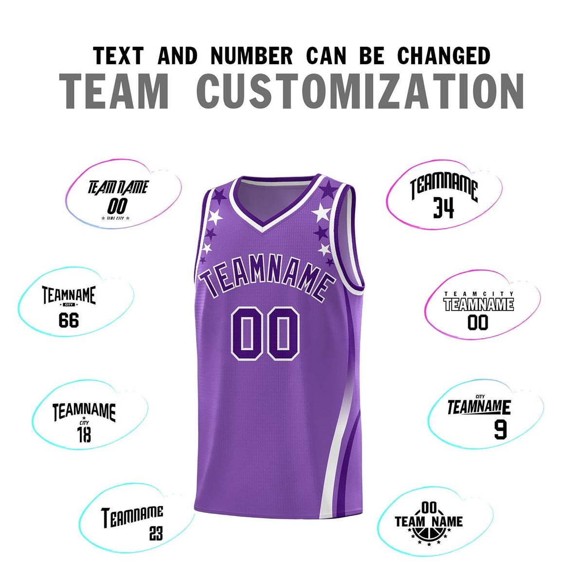 Custom Light Purple Shoulders Star Pattern Side Color Block Sports Uniform Basketball Kits