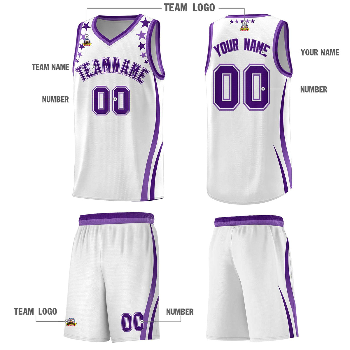 Custom White Shoulders Star Pattern Side Color Block Sports Uniform Basketball Kits