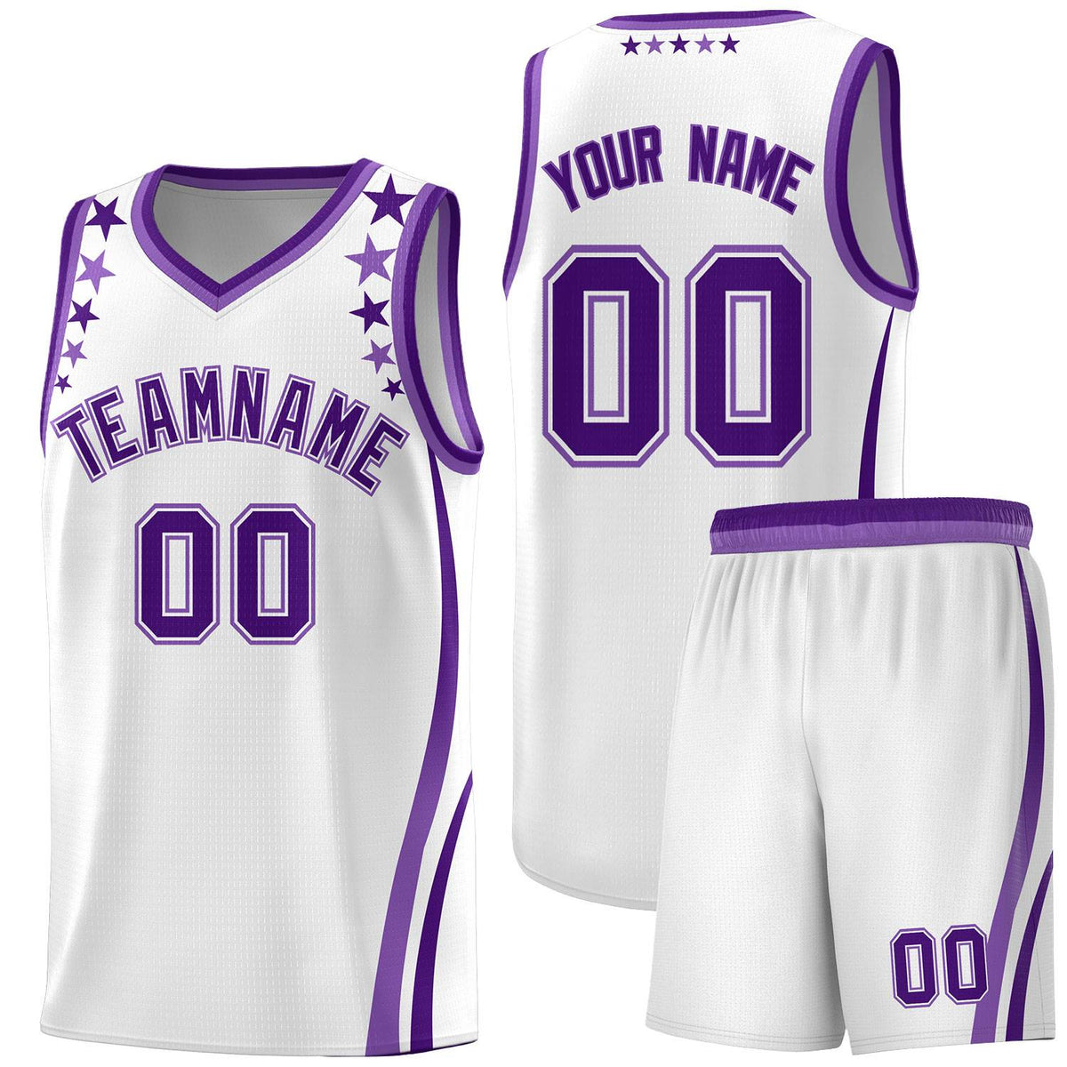 Custom White Shoulders Star Pattern Side Color Block Sports Uniform Basketball Kits
