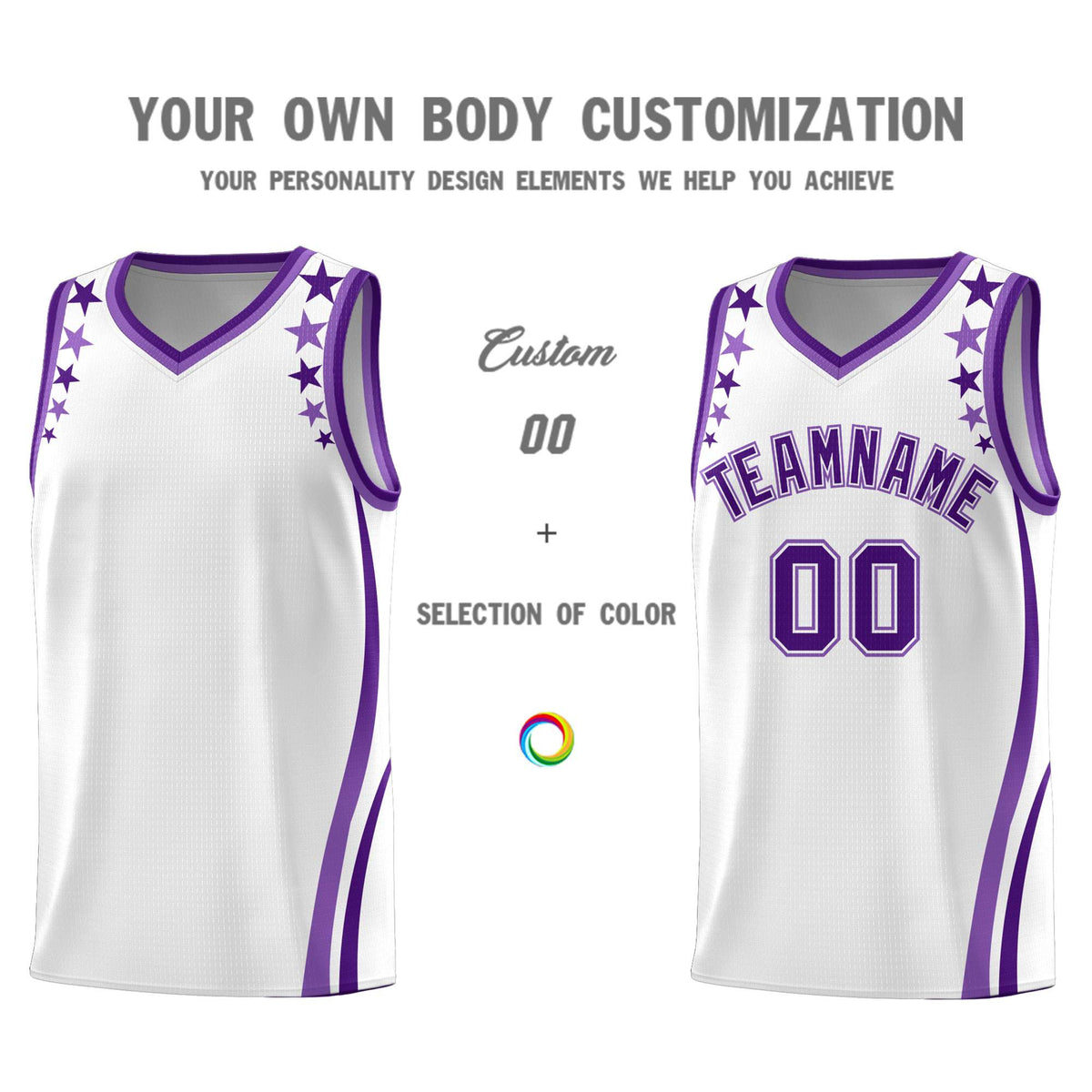 Custom White Shoulders Star Pattern Side Color Block Sports Uniform Basketball Kits
