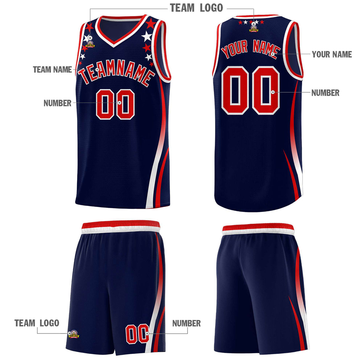 Custom Navy Shoulders Star Pattern Side Color Block Sports Uniform Basketball Kits