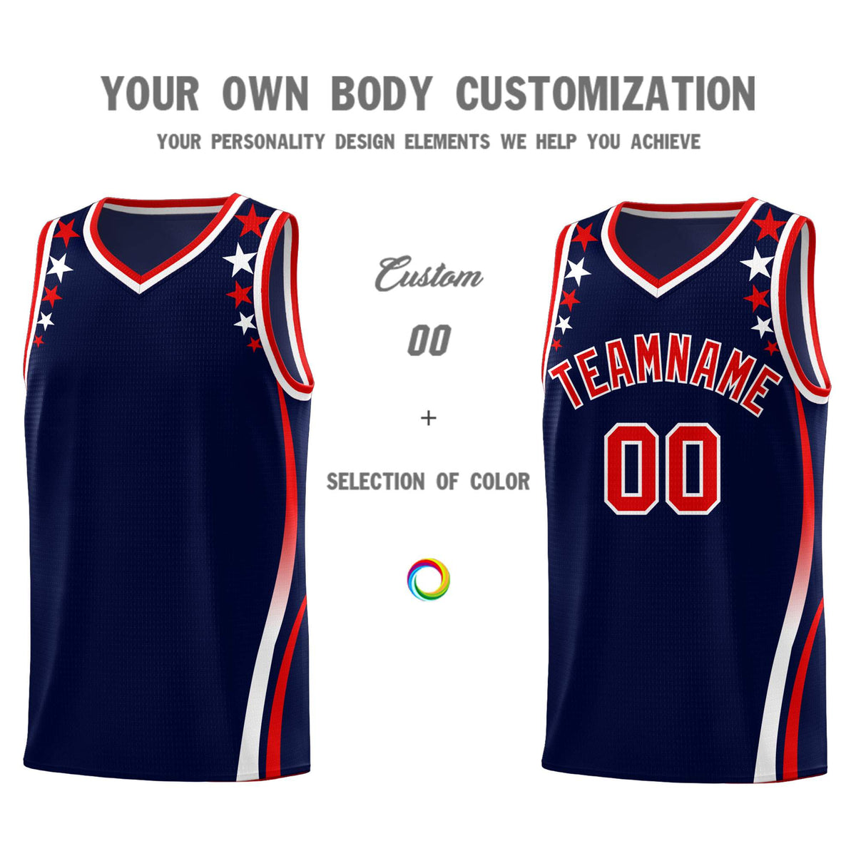 Custom Navy Shoulders Star Pattern Side Color Block Sports Uniform Basketball Kits