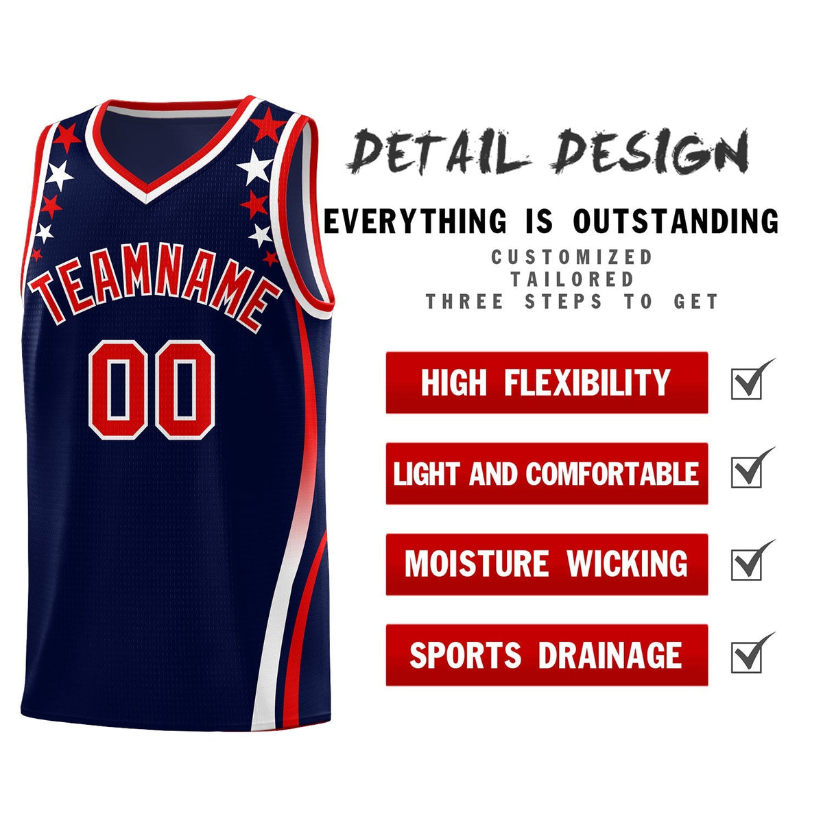 Custom Navy Shoulders Star Pattern Side Color Block Sports Uniform Basketball Kits