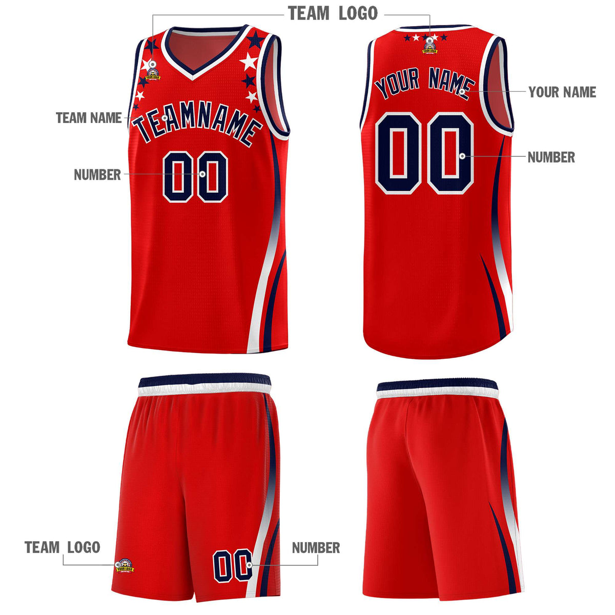 Custom Red Shoulders Star Pattern Side Color Block Sports Uniform Basketball Kits