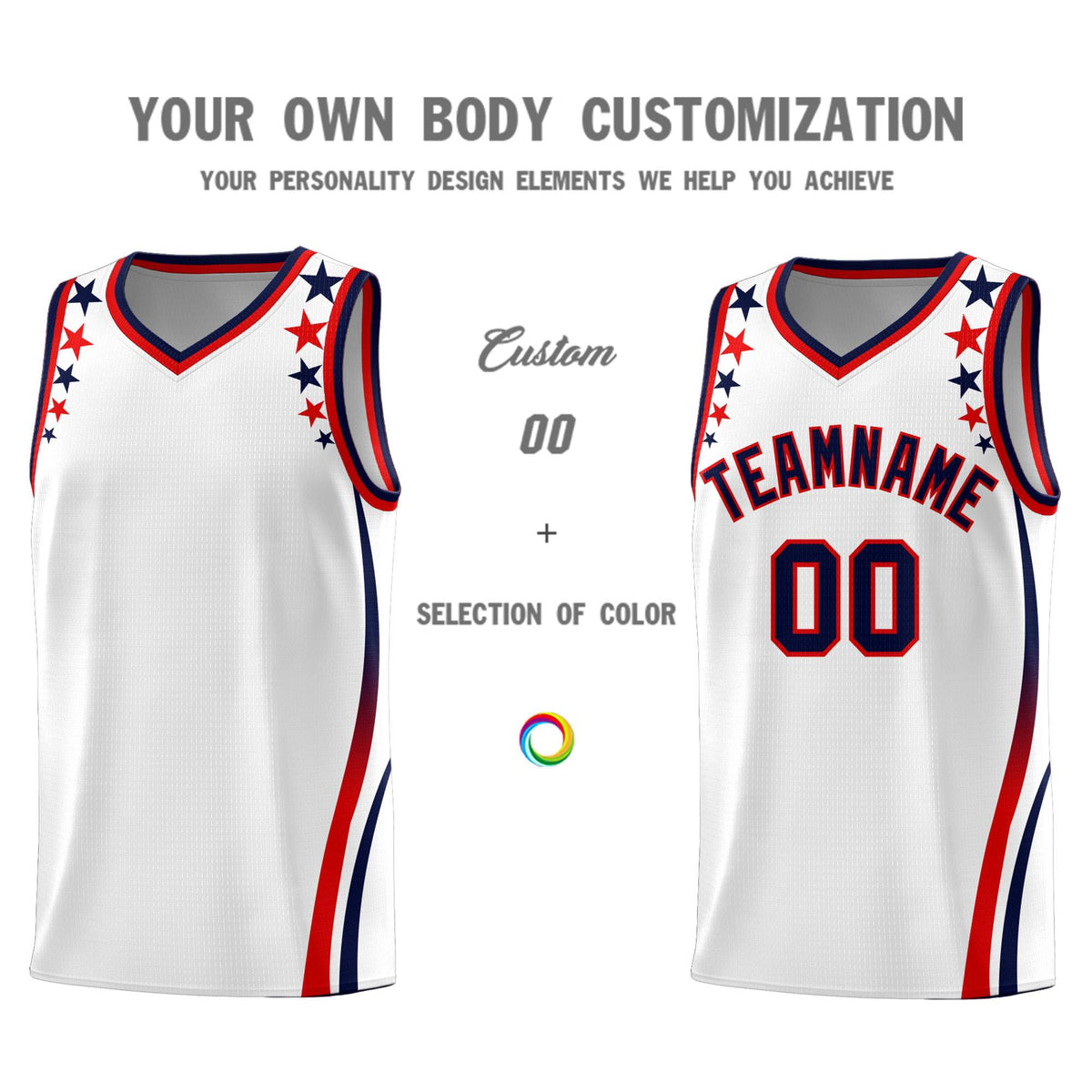 Custom White Shoulders Star Pattern Side Color Block Sports Uniform Basketball Kits
