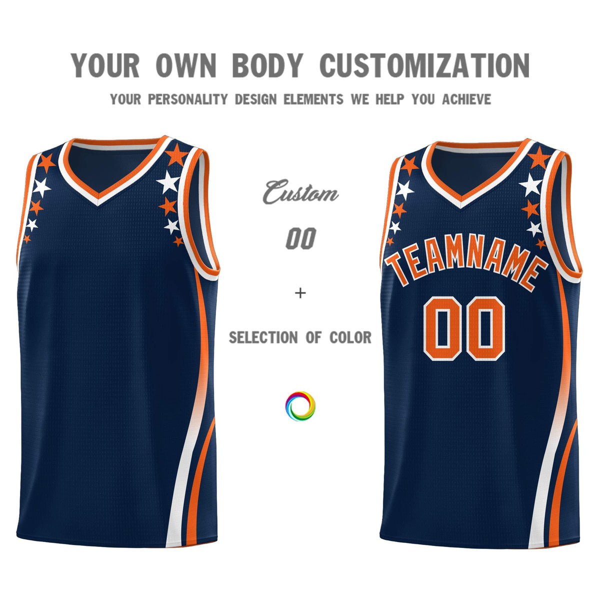 Custom Navy Shoulders Star Pattern Side Color Block Sports Uniform Basketball Kits