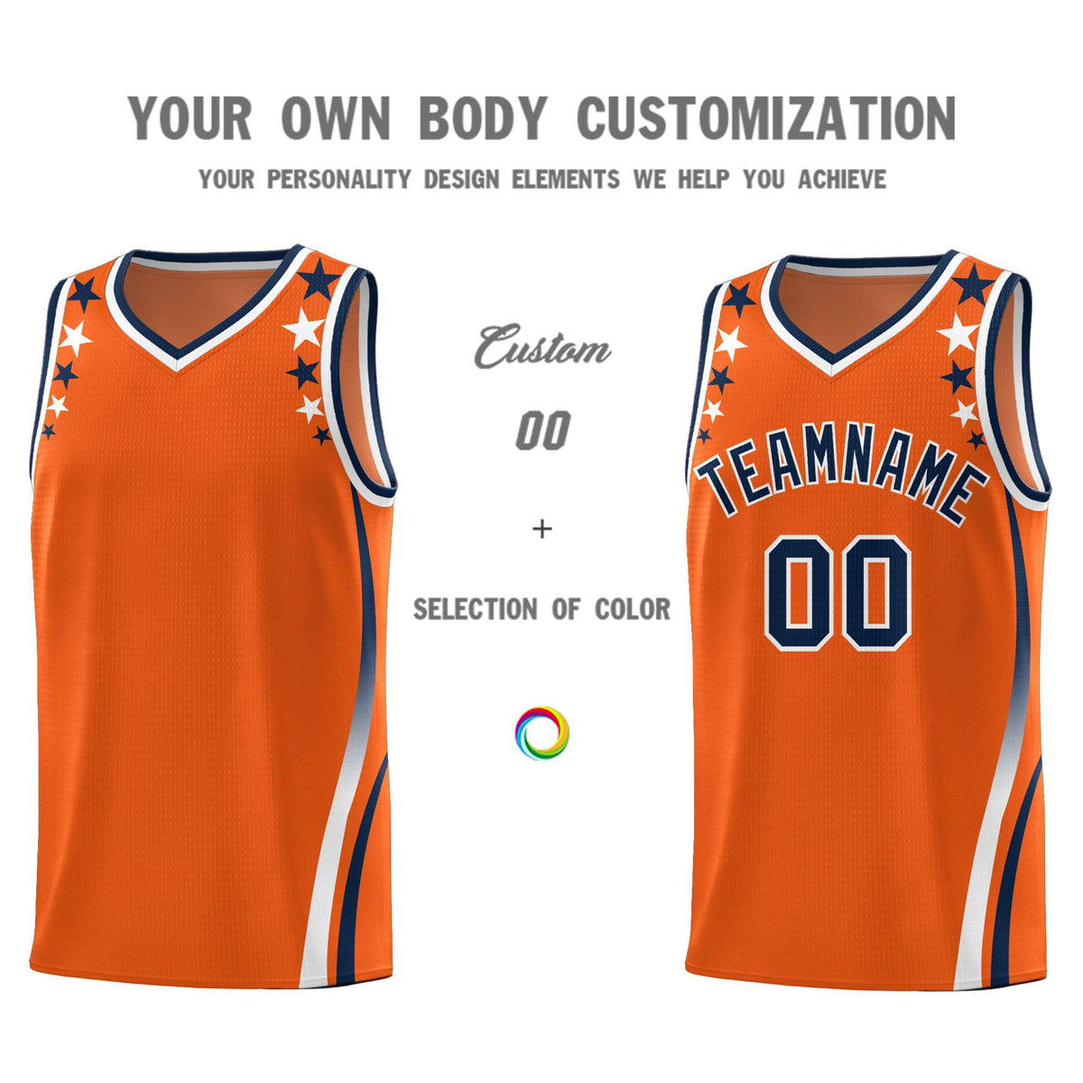 Custom Orange Shoulders Star Pattern Side Color Block Sports Uniform Basketball Kits