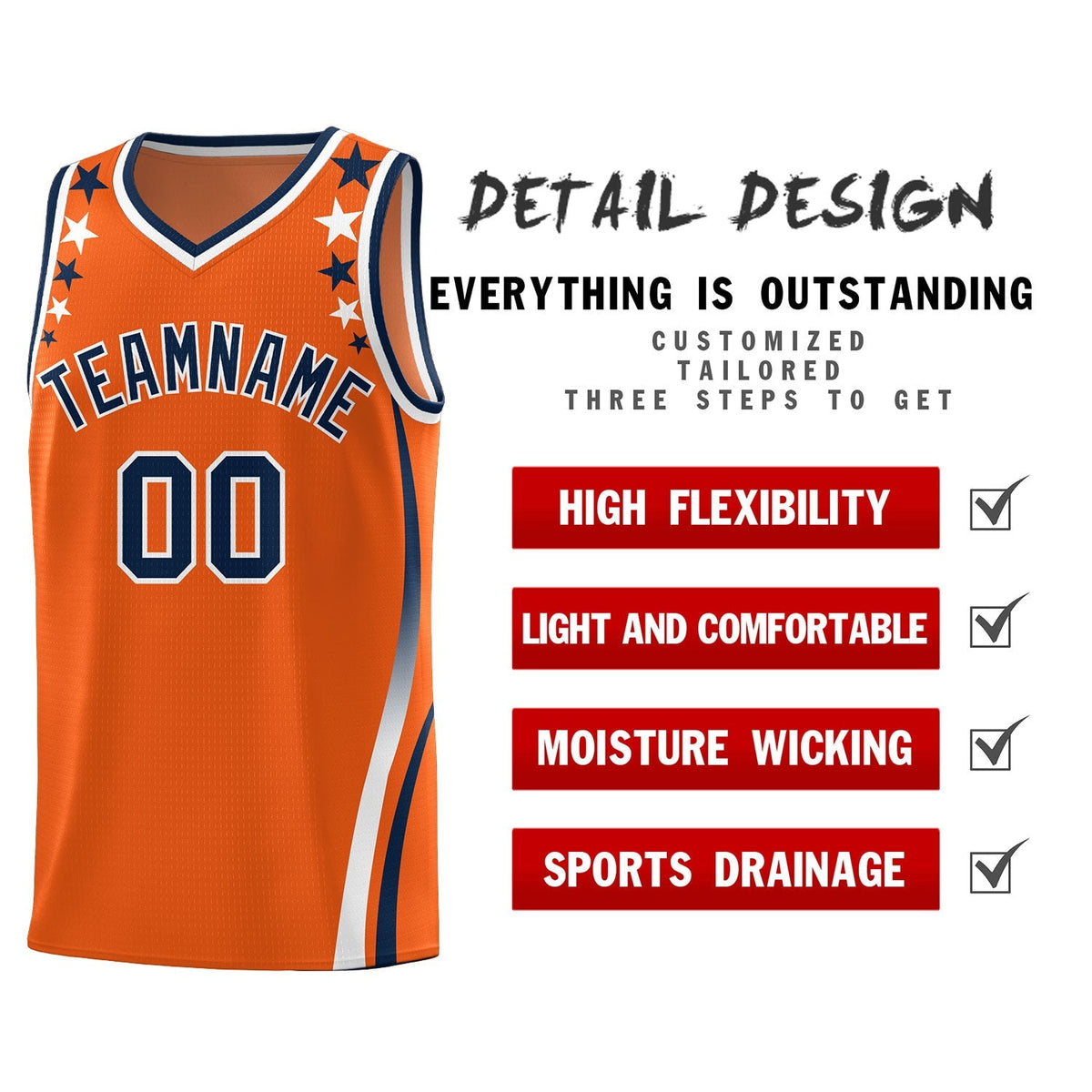 Custom Orange Shoulders Star Pattern Side Color Block Sports Uniform Basketball Kits