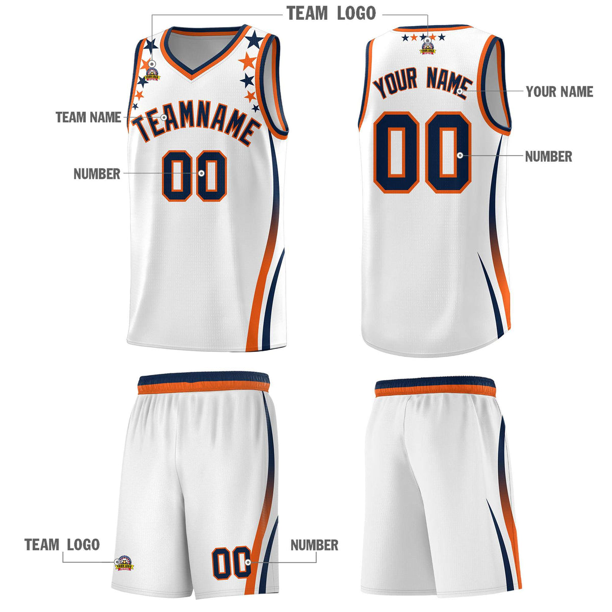Custom White Shoulders Star Pattern Side Color Block Sports Uniform Basketball Kits