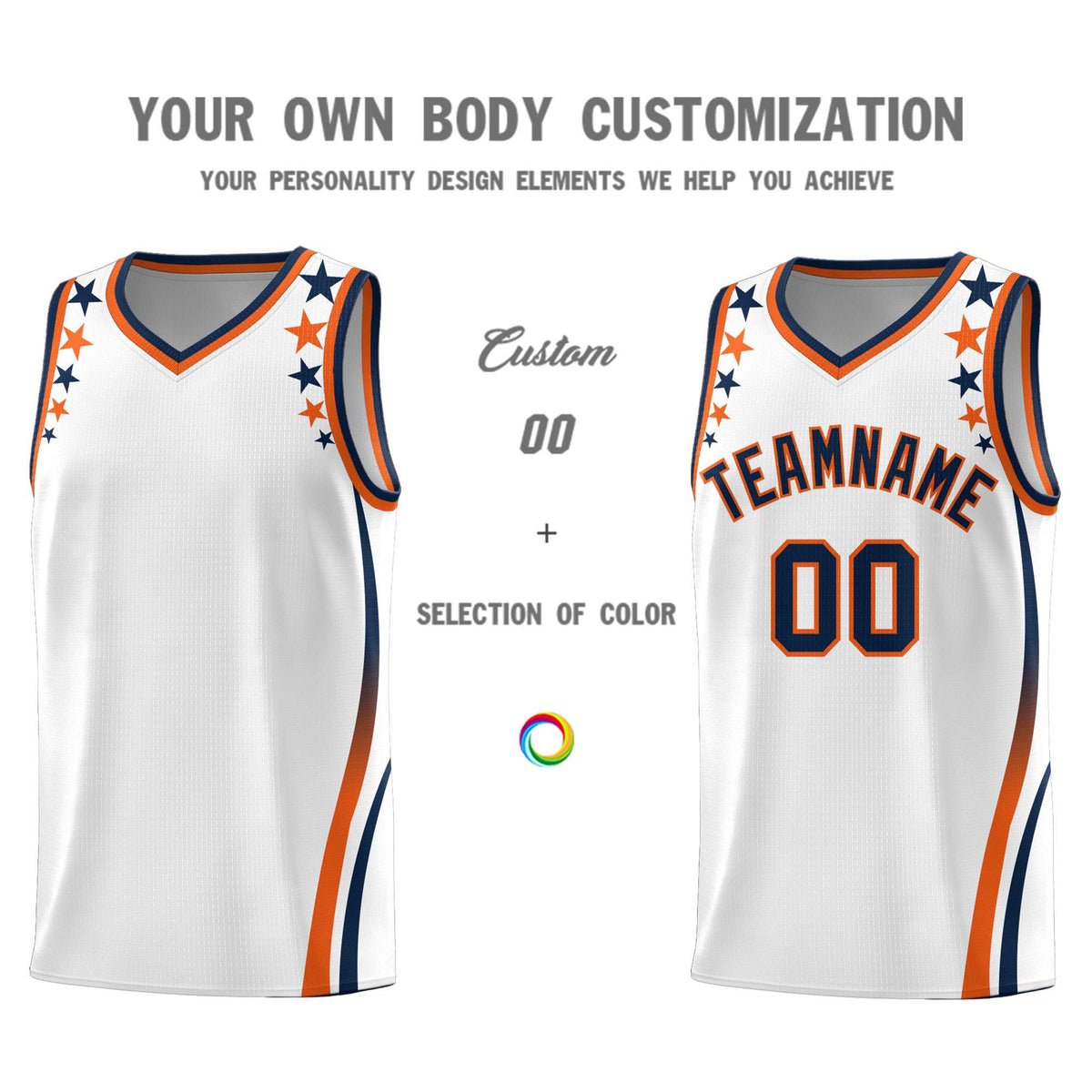 Custom White Shoulders Star Pattern Side Color Block Sports Uniform Basketball Kits