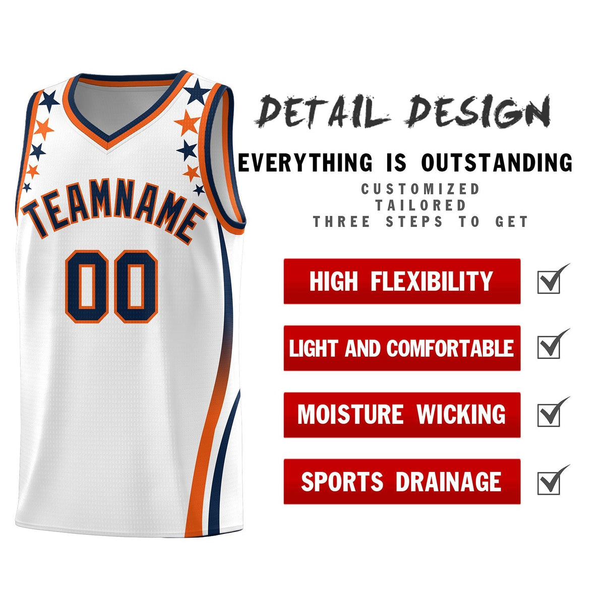 Custom White Shoulders Star Pattern Side Color Block Sports Uniform Basketball Kits