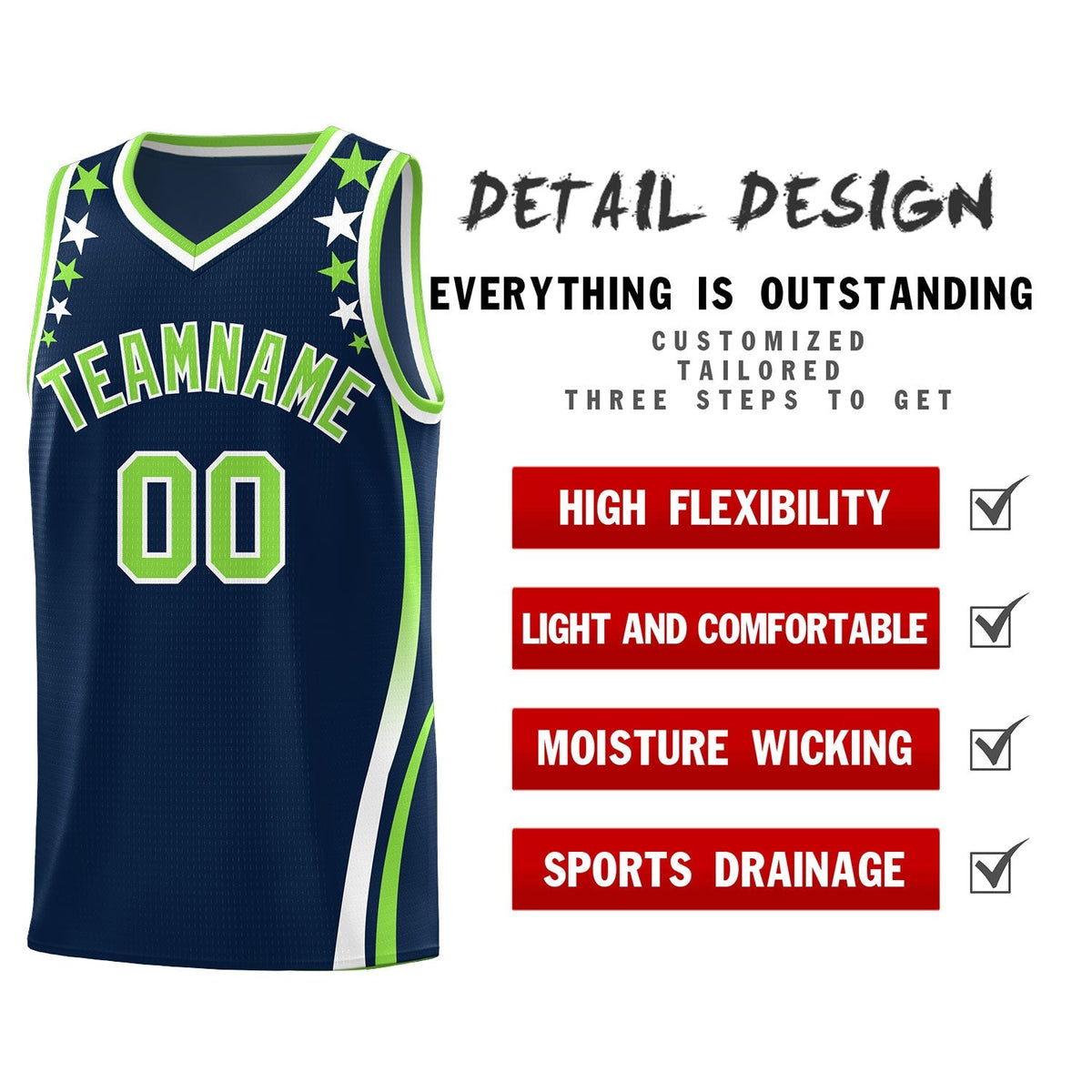 Custom Navy Shoulders Star Pattern Side Color Block Sports Uniform Basketball Kits